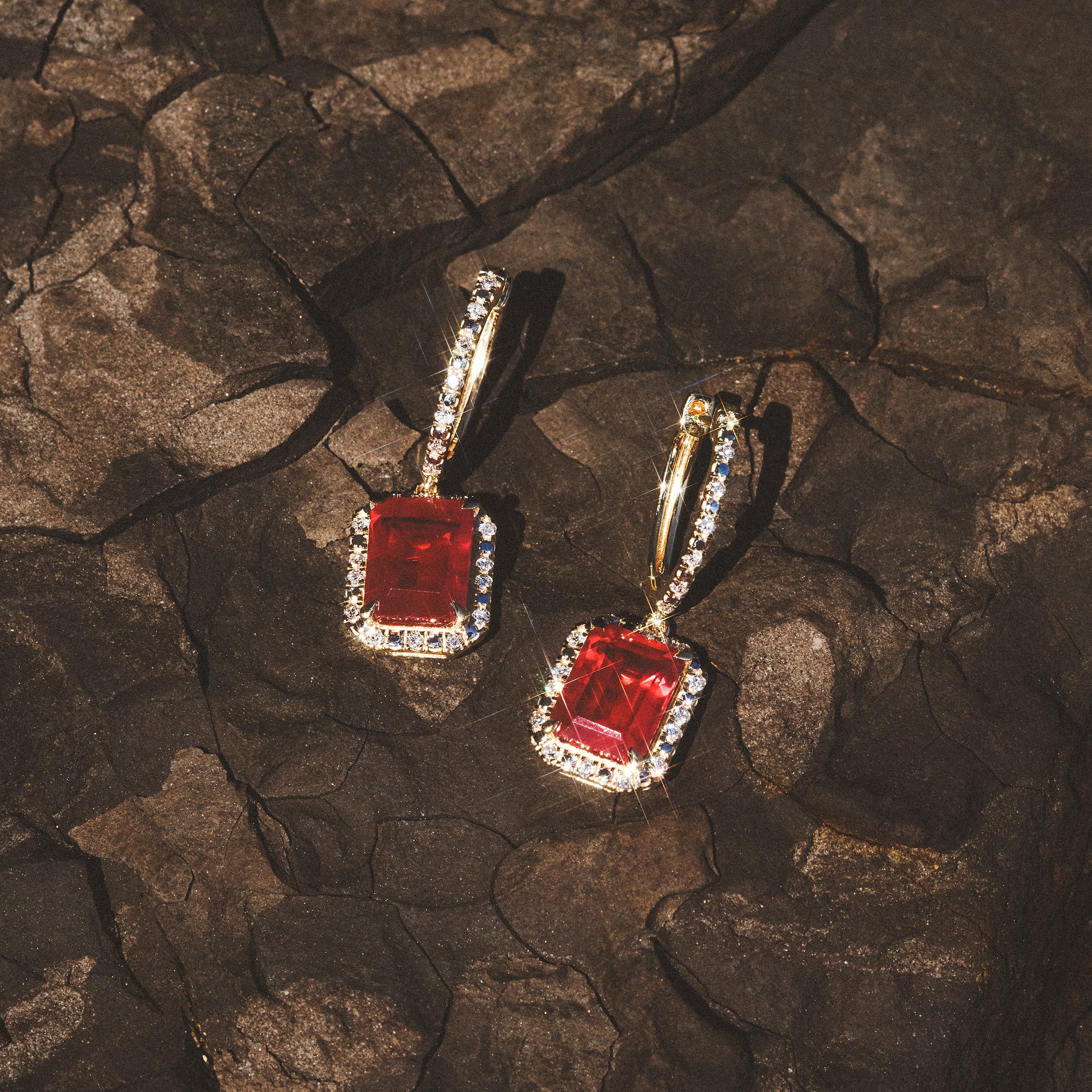 Astra 3.50ct Lab Ruby and Diamond Drop Halo Octagon Cut Earrings in 18K Gold Vermeil
